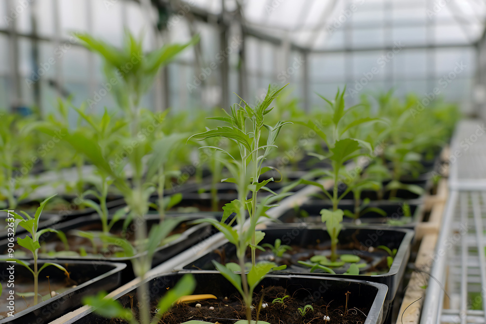 Chromosomes a hightech greenhouse where plants are genetically modified to thrive in extreme environments showcasing the future of agricultural biotechnology