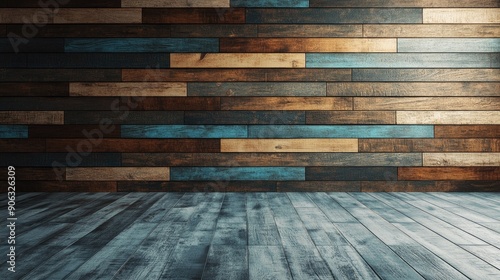 Fototapeta Naklejka Na Ścianę i Meble -  3D wood plank wall with a mix of light and dark tones, creating a dynamic and visually appealing background.
