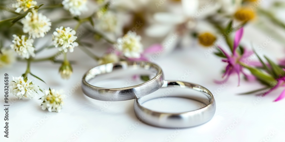 Close-up of wedding rings among white flowers Close-up of wedding rings among white flowers