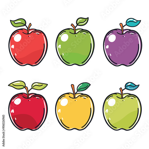 Six colorful apples, red, green, purple, yellow, vector illustration style. Cartoon apples, vibrant colors, leaf detail, white background. Stylized fruit, healthy food theme isolated graphic