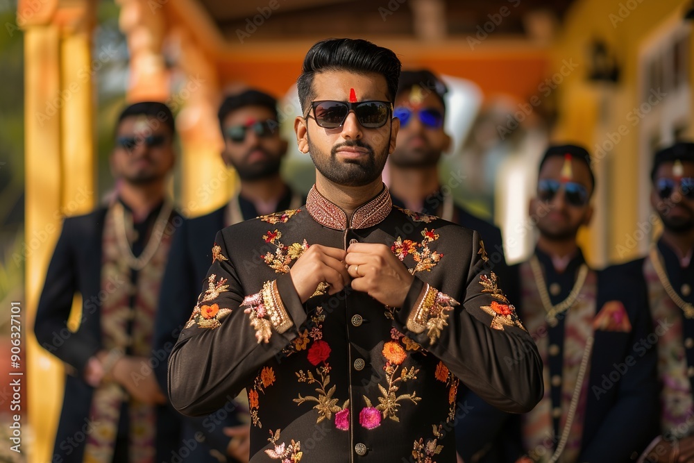 Groom in embroidered attire with friends in matching suits Groom in embroidered attire with friends in matching suits