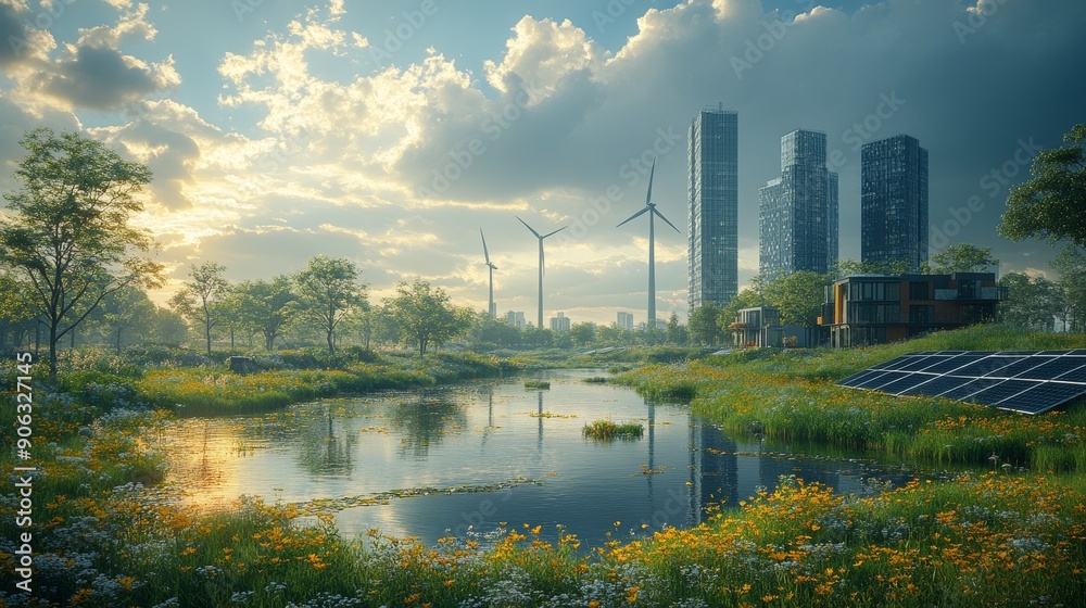 Naklejka premium Wind turbines and solar panels in a modern city, representing renewable energy.