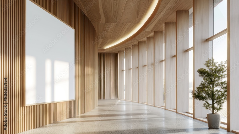 Obraz premium Modern Wooden Hallway with Large Window