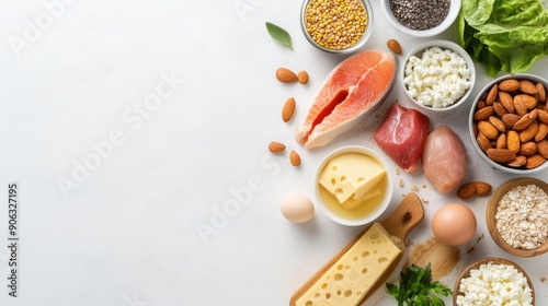 Array of keto diet products laid out on a white background, offering clear space for text, ideal for marketing keto diet plans.