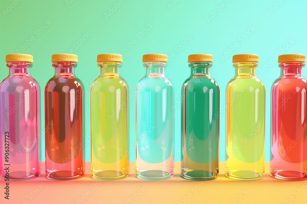 Colorful glass bottles with yellow caps against a gradient background. Colorful glass bottles with yellow caps against a gradient background.