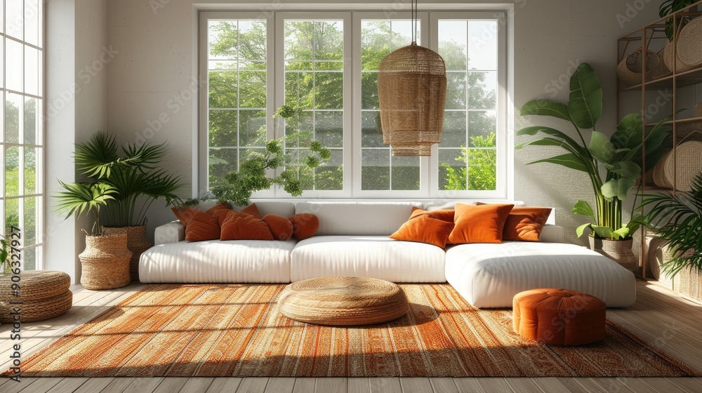 Luxury corner soft white sofa with coral pillows near tropical houseplant and pouf seat on white framed windows background. Cozy Scandinavian-inspired living room