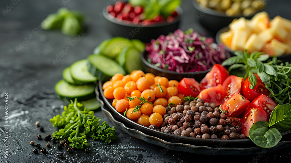 Nutritious Plate of Mixed Foods Promoting a Balanced Diet, Featuring an Array of Vegetables, Proteins, and Healthy Carbs for Optimal Wellbeing Nutritious Plate of Mixed Foods Promoting a Balanced Diet, Featuring an Array of Vegetables, Proteins, and Healthy Carbs for Optimal Wellbeing