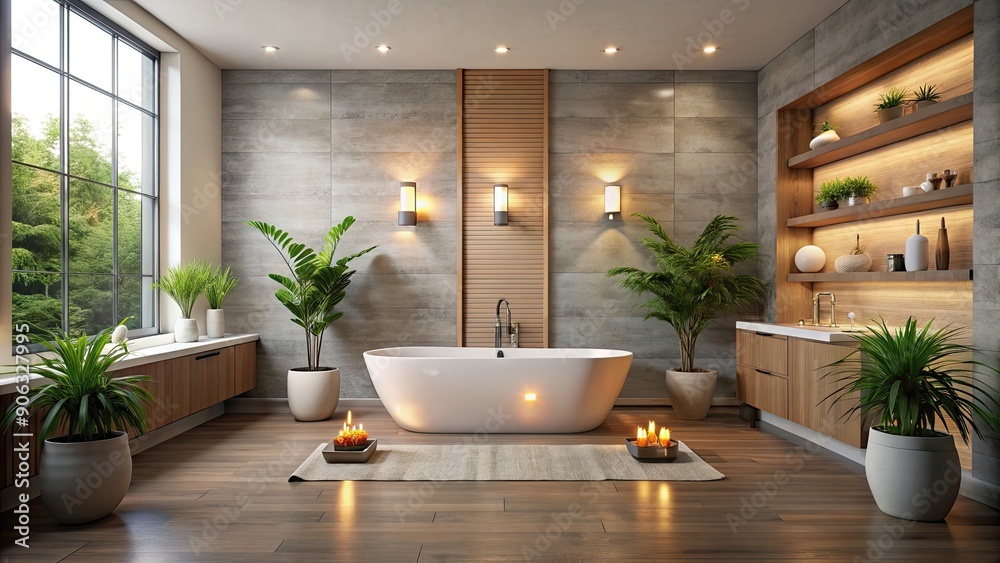 Fototapeta premium Spacious and elegant bathroom with candles on the floor and potted plants, elegant, spacious, bathroom