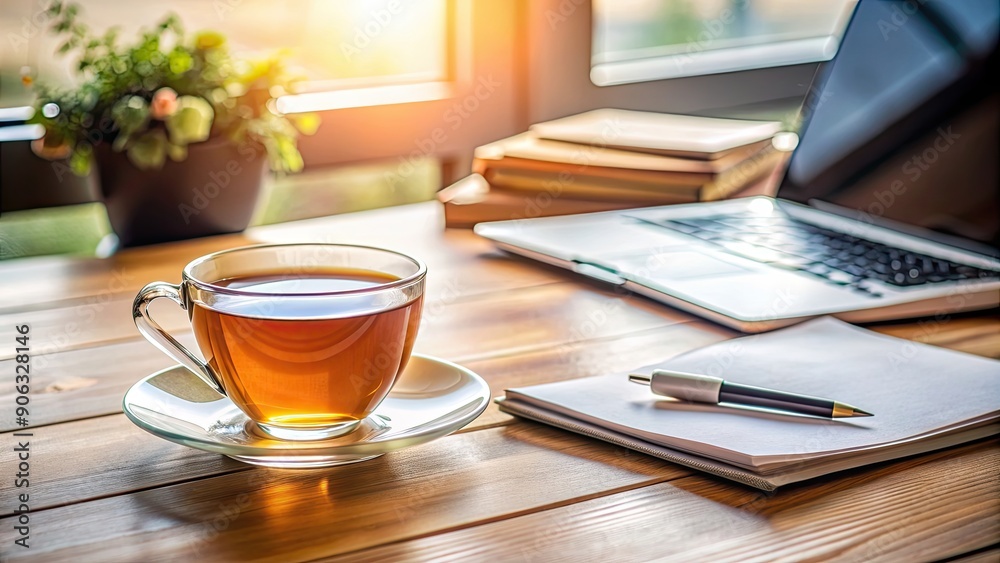 A cozy work environment with a cup of tea on the table , freelancer, remote work, workspace, tea, drink A cozy work environment with a cup of tea on the table , freelancer, remote work, workspace, tea, drink
