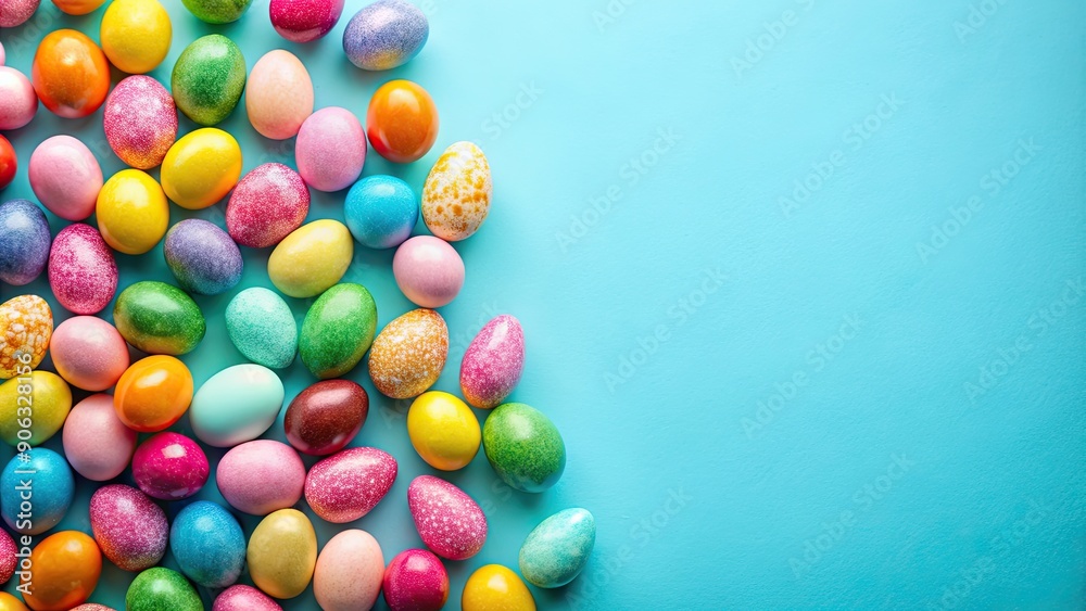 Colorful candy Easter eggs on pale blue background, Easter, candy, eggs, colorful, spring, pastel, holiday, celebration Colorful candy Easter eggs on pale blue background, Easter, candy, eggs, colorful, spring, pastel, holiday, celebration