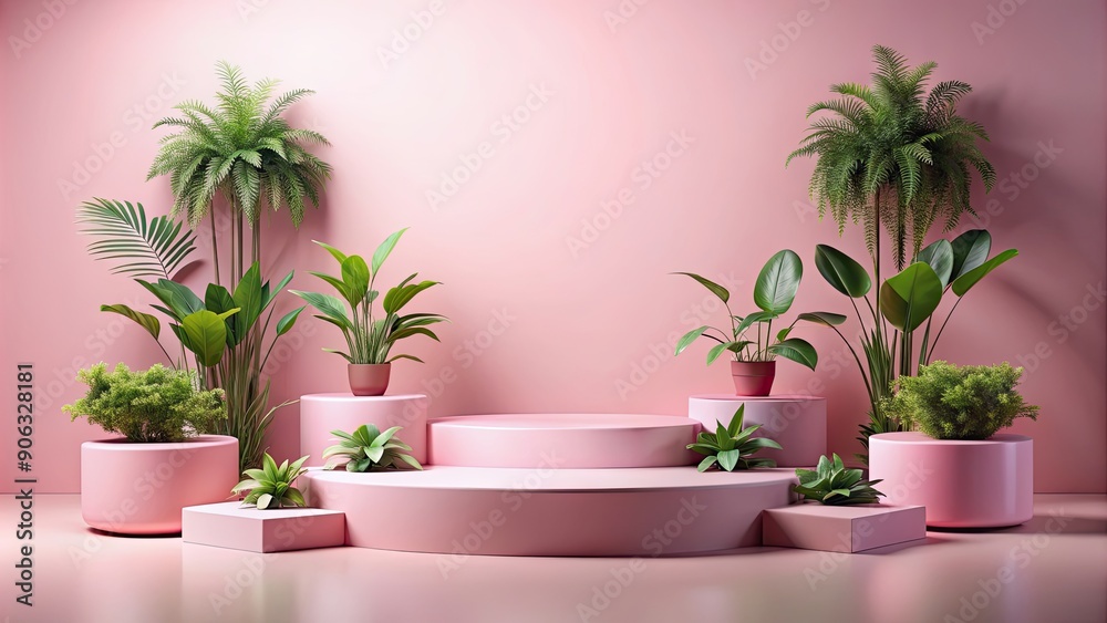 Pink empty podium for product display surrounded by plants on pink background, pink, empty podium Pink empty podium for product display surrounded by plants on pink background, pink, empty podium