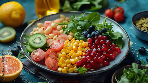 Nutritious Plate of Mixed Foods Promoting a Balanced Diet, Featuring an Array of Vegetables, Proteins, and Healthy Carbs for Optimal Wellbeing