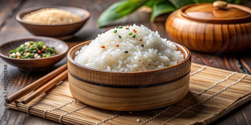 Close-up of delicious sushi rice with vinegar seasoning, perfect for making sushi rolls and nigiri Close-up of delicious sushi rice with vinegar seasoning, perfect for making sushi rolls and nigiri