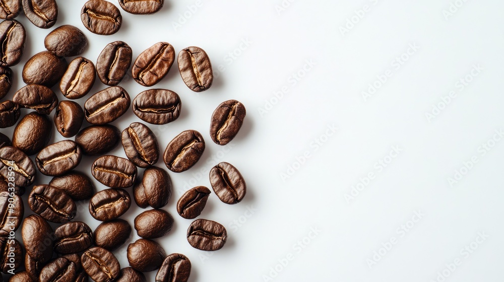 Close-up view of roasted coffee beans on a white surface, with clear space for text or advertising related to coffee Close-up view of roasted coffee beans on a white surface, with clear space for text or advertising related to coffee