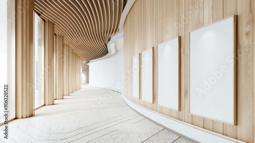 Modern Hallway with Wooden Panels and Empty Picture Frames