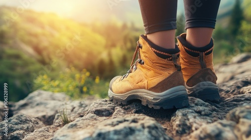 Detailed close-up of women's hiking shoes on rugged terrain, featuring clear space for custom text, suitable for adventure and travel promotions. photo