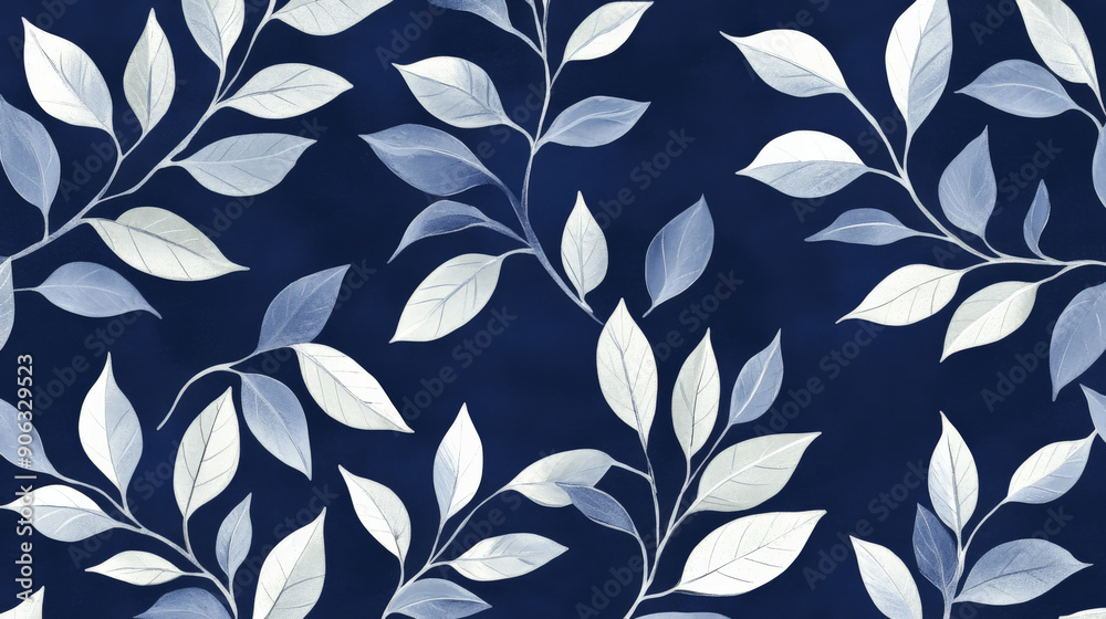 Fototapeta premium Opulent nature leaves pattern with silver and white leaves set against a rich navy blue background, evoking a sense of luxury and elegance.