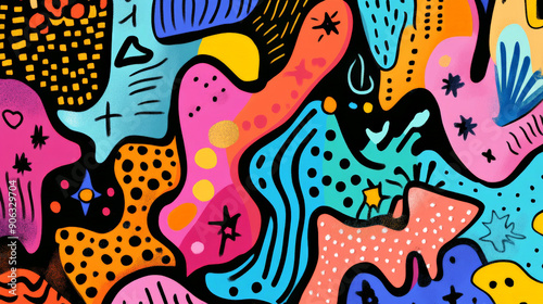 A vibrant doodle art header with a mix of hand-drawn shapes and textures, including squiggles, stars, and dots, in bright, cheerful colors.