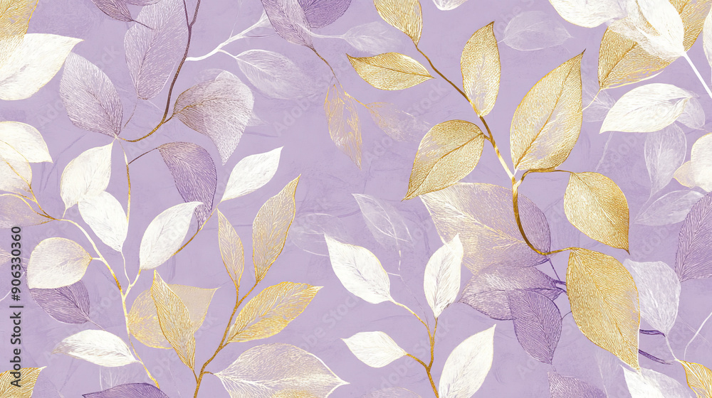 Fototapeta premium An elegant nature leaves pattern with intricate gold and white leaves on a soft lavender background, creating a refined and luxurious appearance.
