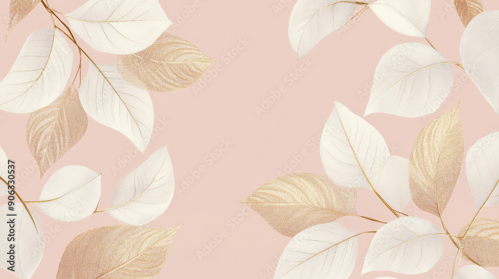 Fototapeta premium A refined nature leaves pattern with delicate gold and white leaves set against a soft blush pink background, creating a sophisticated and luxurious feel.