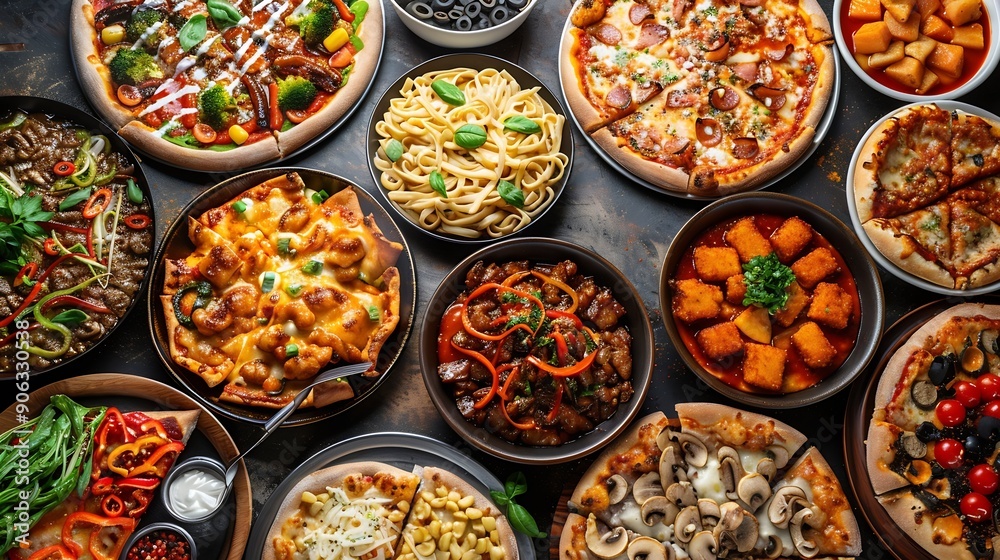 Many dishes Junk food assortiment pizza wok top view : Generative AI Many dishes Junk food assortiment pizza wok top view : Generative AI