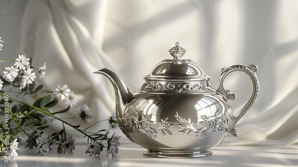 Silver teapot with beautiful engravings, polished and detailed, isolated on a clean background, offering ample space for advertising text or graphic elements Silver teapot with beautiful engravings, polished and detailed, isolated on a clean background, offering ample space for advertising text or graphic elements