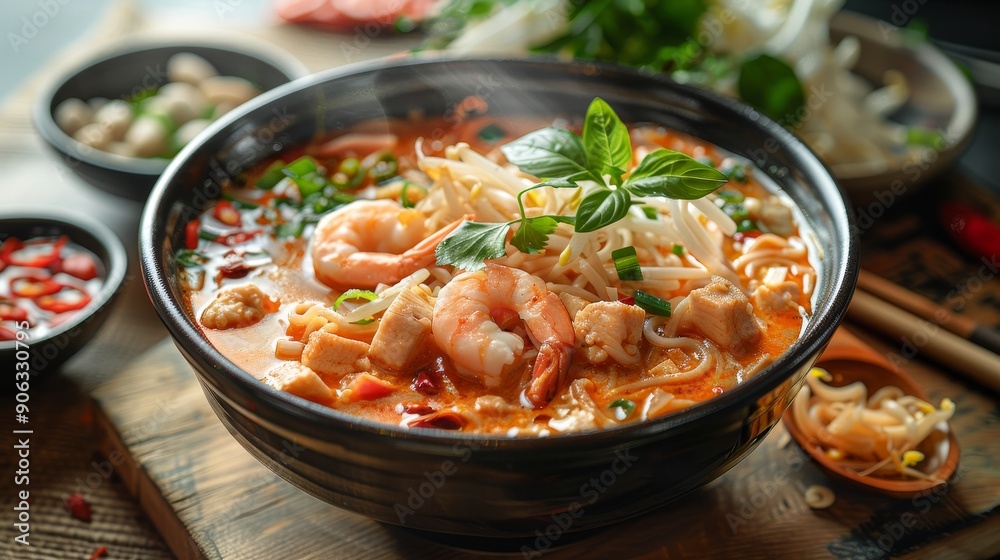 Steaming bowl of laksa with noodles, showcasing its rich broth and ingredients, isolated background, perfect for marketing use with space for text Steaming bowl of laksa with noodles, showcasing its rich broth and ingredients, isolated background, perfect for marketing use with space for text