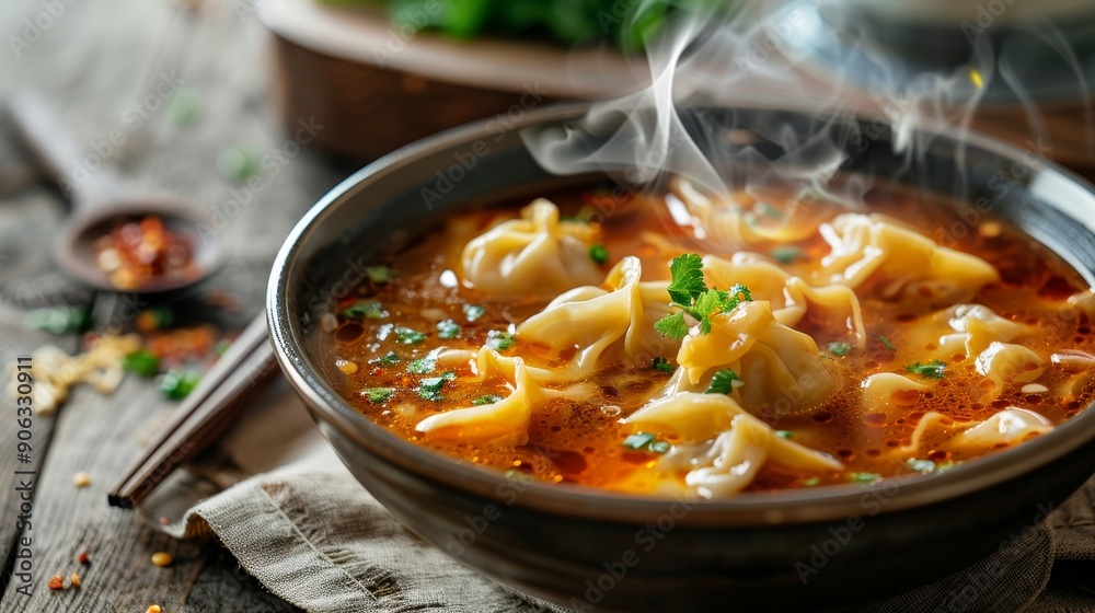 Steaming wonton soup in a bowl, showcasing rich colors and textures, isolated background, perfect for marketing with space for text or graphic elements Steaming wonton soup in a bowl, showcasing rich colors and textures, isolated background, perfect for marketing with space for text or graphic elements