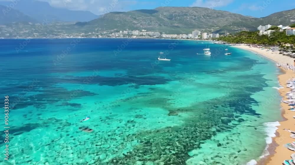 White sand beach on a narrow strip of land on For mentera. Blue famous beach with people relaxing on vacation in the mediterranean White sand beach on a narrow strip of land on For mentera. Blue famous beach with people relaxing on vacation in the mediterranean