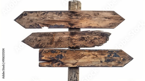 Vintage wooden signpost with arrows pointing in various directions, isolated background, offering ample space for copy text or logos, ideal for marketing use photo