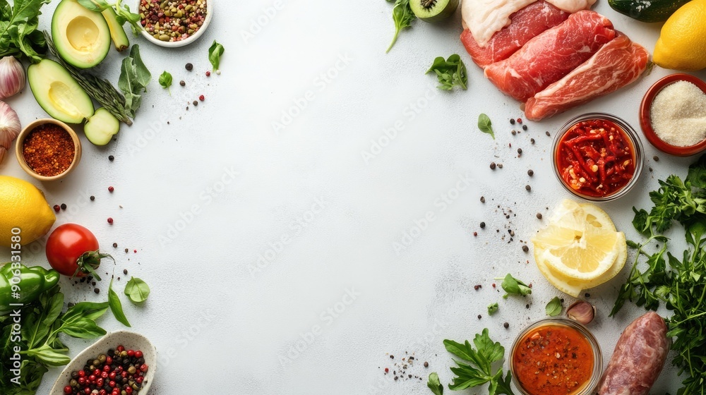 Keto diet food items arranged flat on a white surface, with clear space for text or promotional content, showcasing low-carb options. Keto diet food items arranged flat on a white surface, with clear space for text or promotional content, showcasing low-carb options.