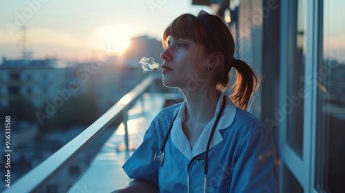 Young Nurse Taking a Smoke Break on Hospital Balcony After a Long Shift.Generated image