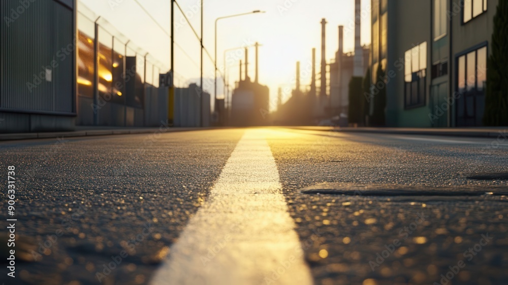 A serene sunset view down an industrial road, highlighting the contrast between nature and urban architecture. A serene sunset view down an industrial road, highlighting the contrast between nature and urban architecture.