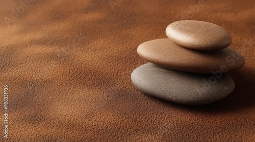 Natural pebbles on a brown surface, creating a podium for product displays with plenty of space for promotional content and text. photo