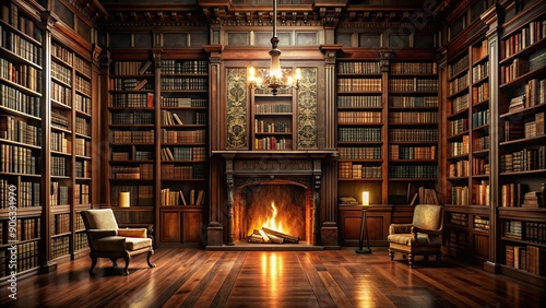 Dark wood library with fireplace and bookshelves full of old books, library, dark wood, fireplace, bookshelves, old books