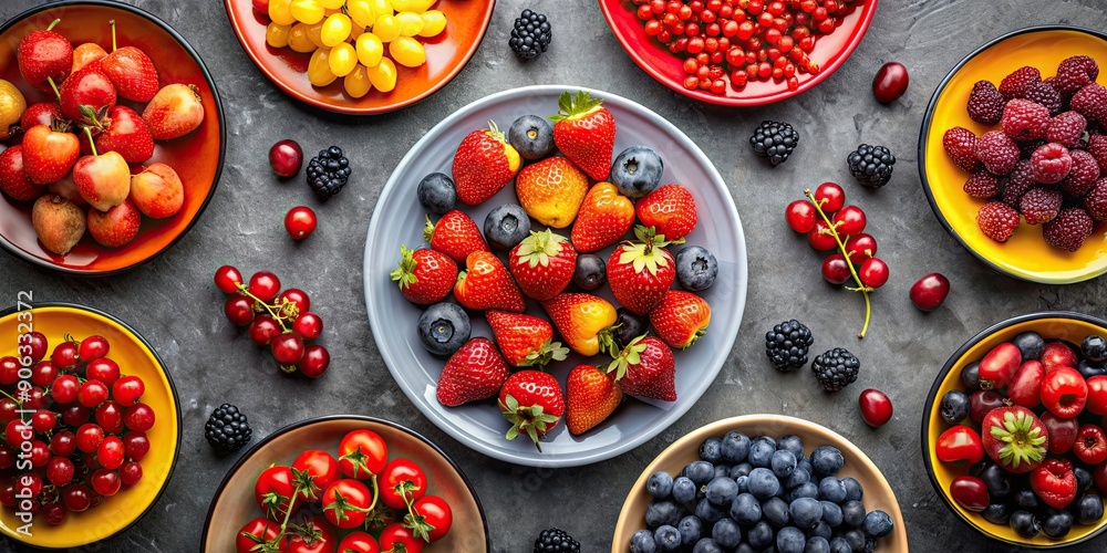 Red, black, and yellow fruits arranged on plates on the table, fruits, vibrant, colorful, display, arrangement, fresh Red, black, and yellow fruits arranged on plates on the table, fruits, vibrant, colorful, display, arrangement, fresh