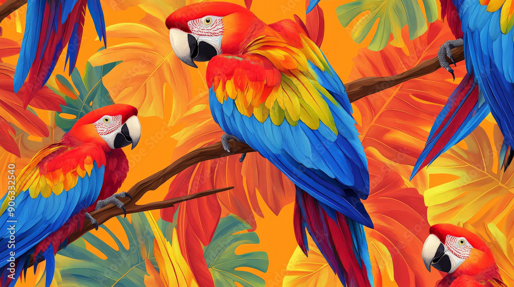 Fototapeta premium A pattern of striking macaws with feathers in vivid shades of red, blue, and yellow, perched on tropical branches, creating a vibrant and exotic background.