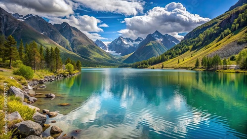 Idyllic Kidelu lake and mountains in Altai Republic, Siberia, Russia photo