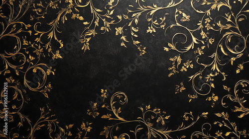 A matte black background with delicate gold filigree patterns. The intricate gold designs add a touch of vintage elegance to the sophisticated black surface.