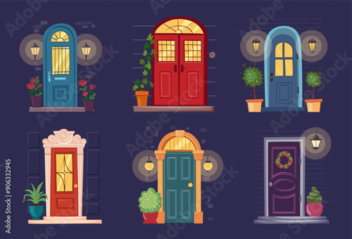 entrance doors set. nighty wooden doorway entry, flat decorative vintage indoor house interior. vector cartoon entrances big collection.