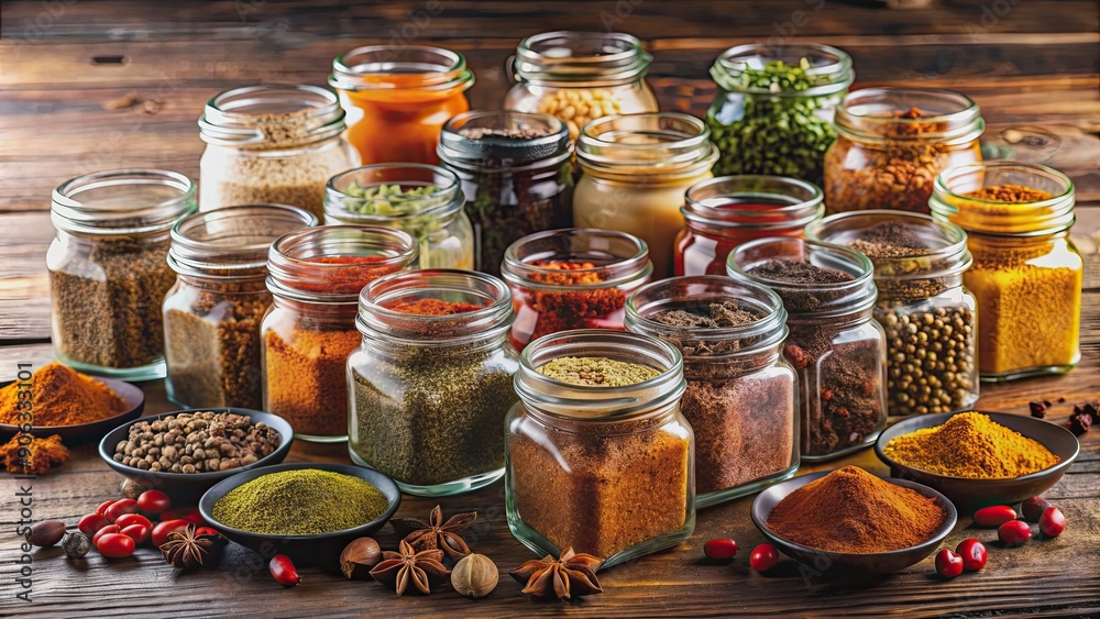 Assortment of various mixed spices in small glass jars, spices, seasoning, blend, flavor, culinary, cooking Assortment of various mixed spices in small glass jars, spices, seasoning, blend, flavor, culinary, cooking