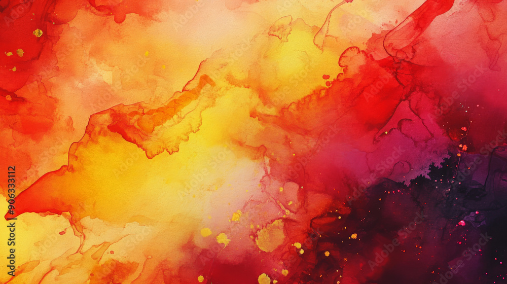 An energetic abstract background with vibrant watercolor stain elements in fiery reds and yellows, creating a dynamic and visually striking composition.