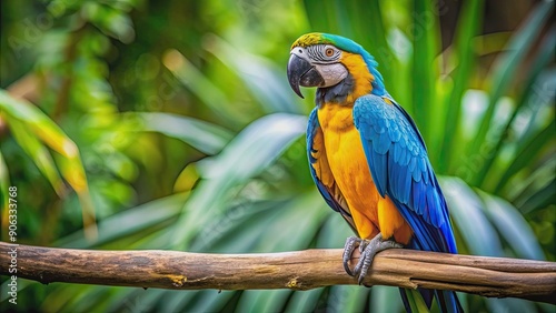 Vibrant blue and yellow macaw perched on a branch in the rainforest, exotic, colorful, tropical, bird, parrot, wildlife, feathers photo