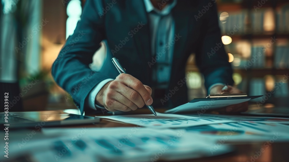 Close up of a professional working with business documents at a desk, analyzing data and writing notes in an office setting.
