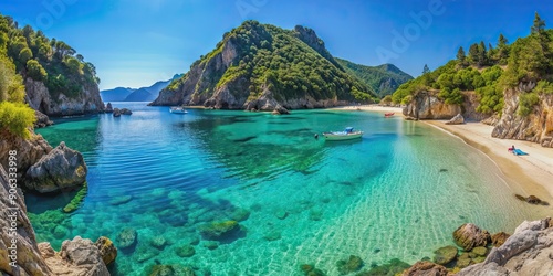Fototapeta Naklejka Na Ścianę i Meble -  Stellaris paradise beach with crystal clear turquoise sea, accessible only by boat from Paleokastritsa, Corfu, Greece