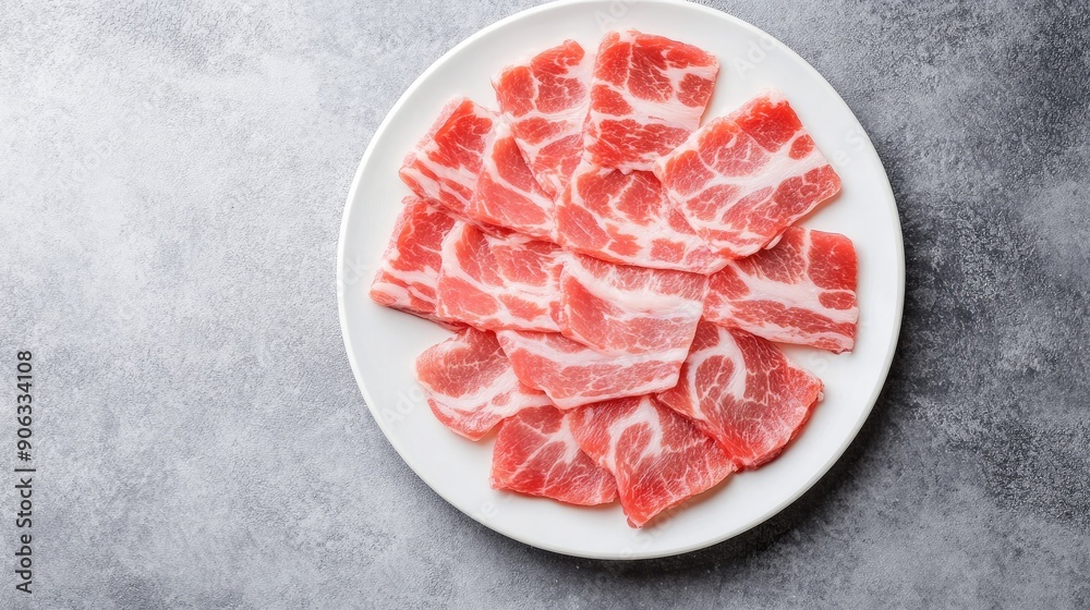 Thinly sliced belly pork arranged on a white plate for shabu, with a grey background and plenty of copy space, top view. Thinly sliced belly pork arranged on a white plate for shabu, with a grey background and plenty of copy space, top view.