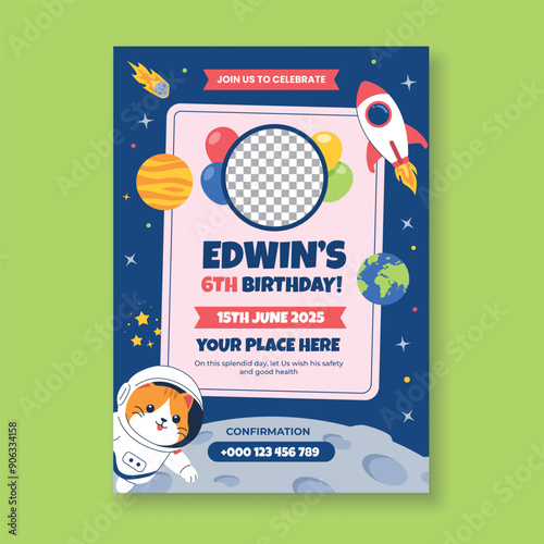 Space birthday party invitation flyer template with cat astronaut, moon, rocket vector illustration