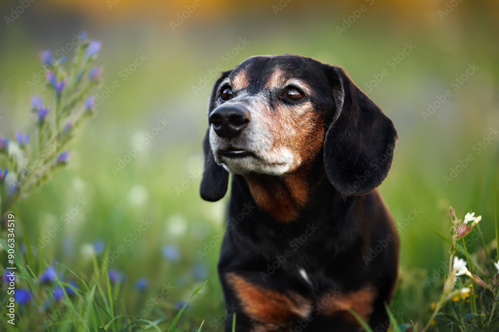 beautiful old dachshund dog portrait outdoors on a meadow beautiful old dachshund dog portrait outdoors on a meadow