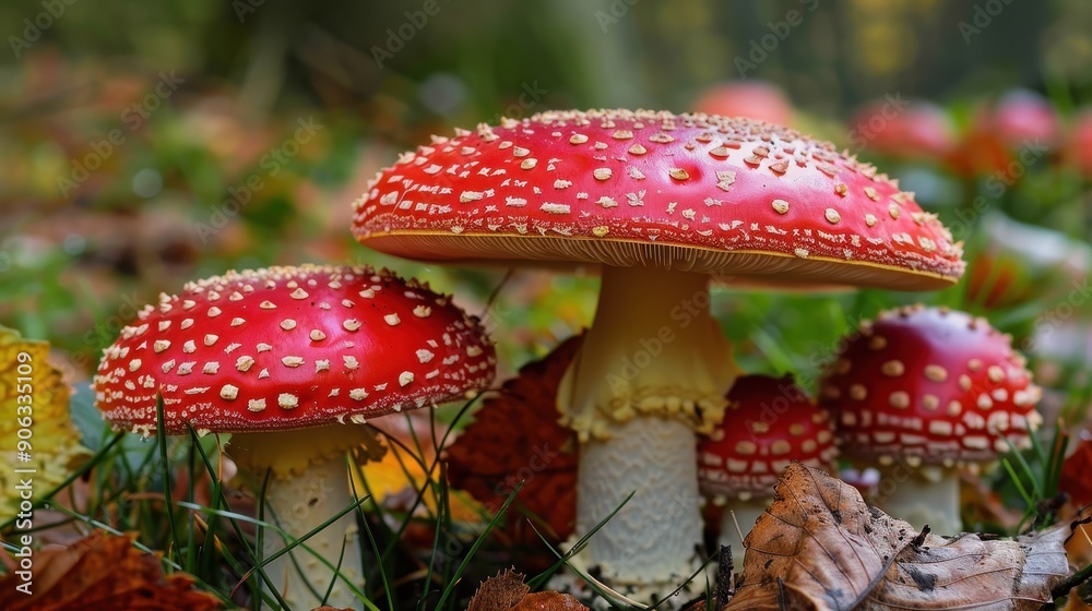 Enchanting Scene of Vibrant Red Mushrooms with White Spots in a Lush Woodland Forest Enchanting Scene of Vibrant Red Mushrooms with White Spots in a Lush Woodland Forest