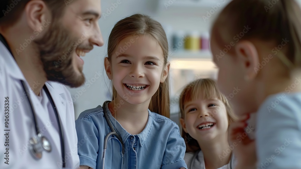 Mother and child visit family doctor at modern clinic Happy smiling mom and daughter sitting at table together with man pediatrician and talking about medical checkup results Healthcar : Generative AI Mother and child visit family doctor at modern clinic Happy smiling mom and daughter sitting at table together with man pediatrician and talking about medical checkup results Healthcar : Generative AI